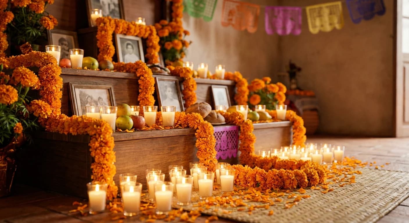 Ein Día de Muertos ofrenda, eingerahmt von Cempasúchil-Girlanden – Ringelblumenbögen, Kerzenreihen und ein Blütenblattpfad auf dem Boden (Illustration)