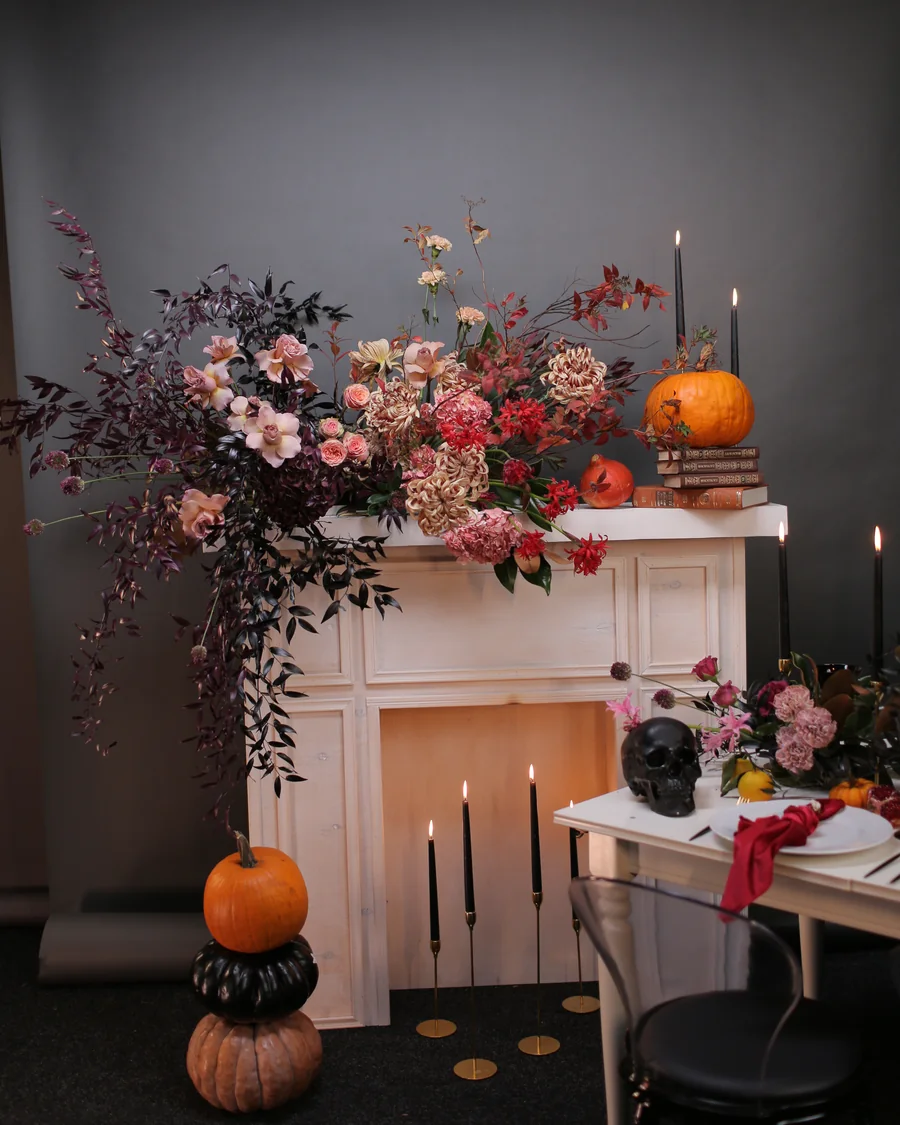 Halloween mantel floral installation