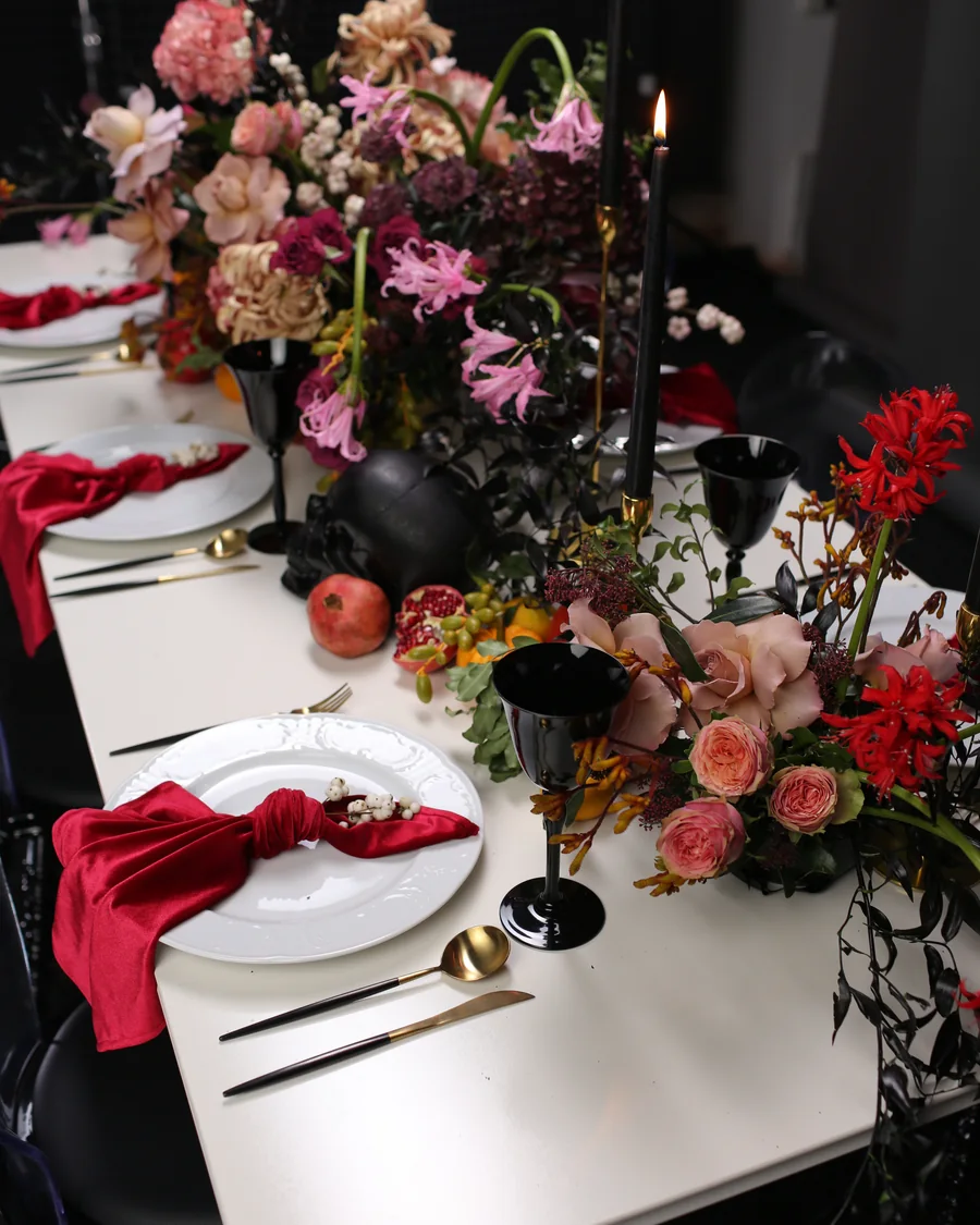 Elegant Halloween tablescape in Lacy Bird style